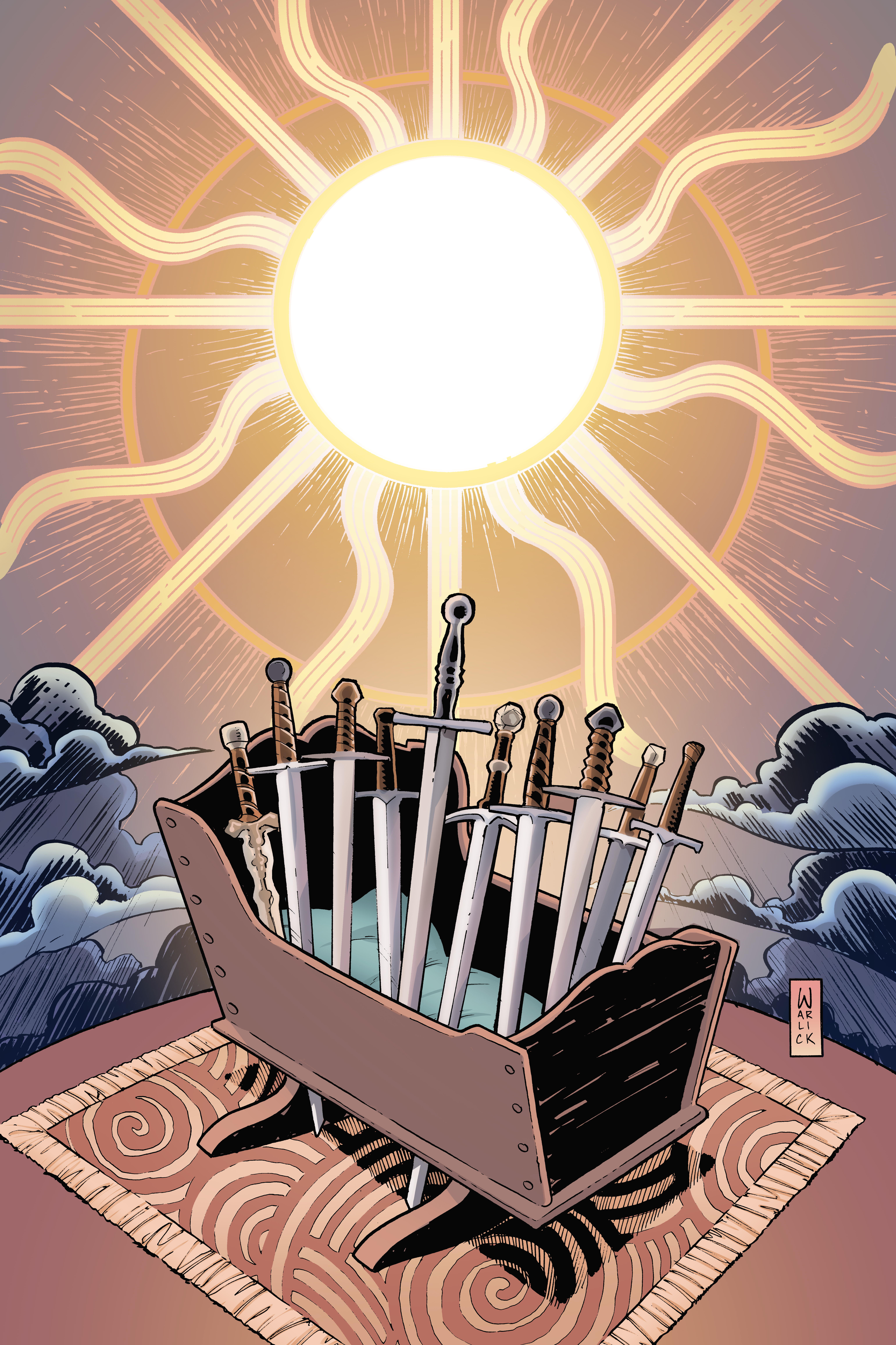 A shining sun hovers over a cradle filled with swords.
