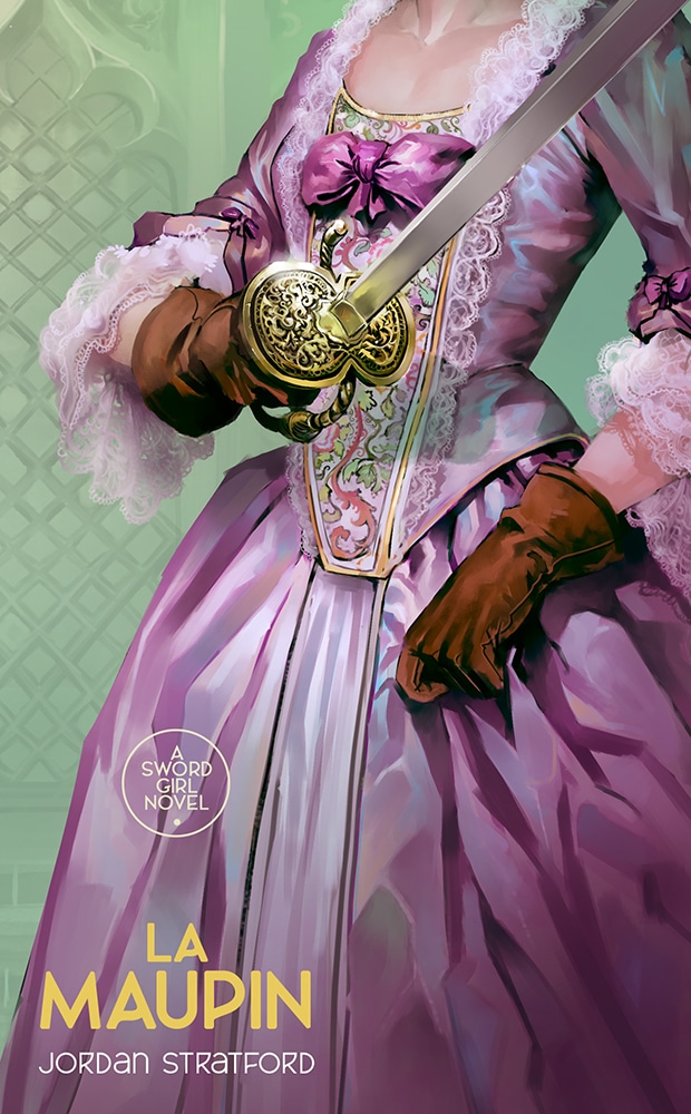 A young woman, wearing an expensive pink dress from the 1700s, carrying a rapier