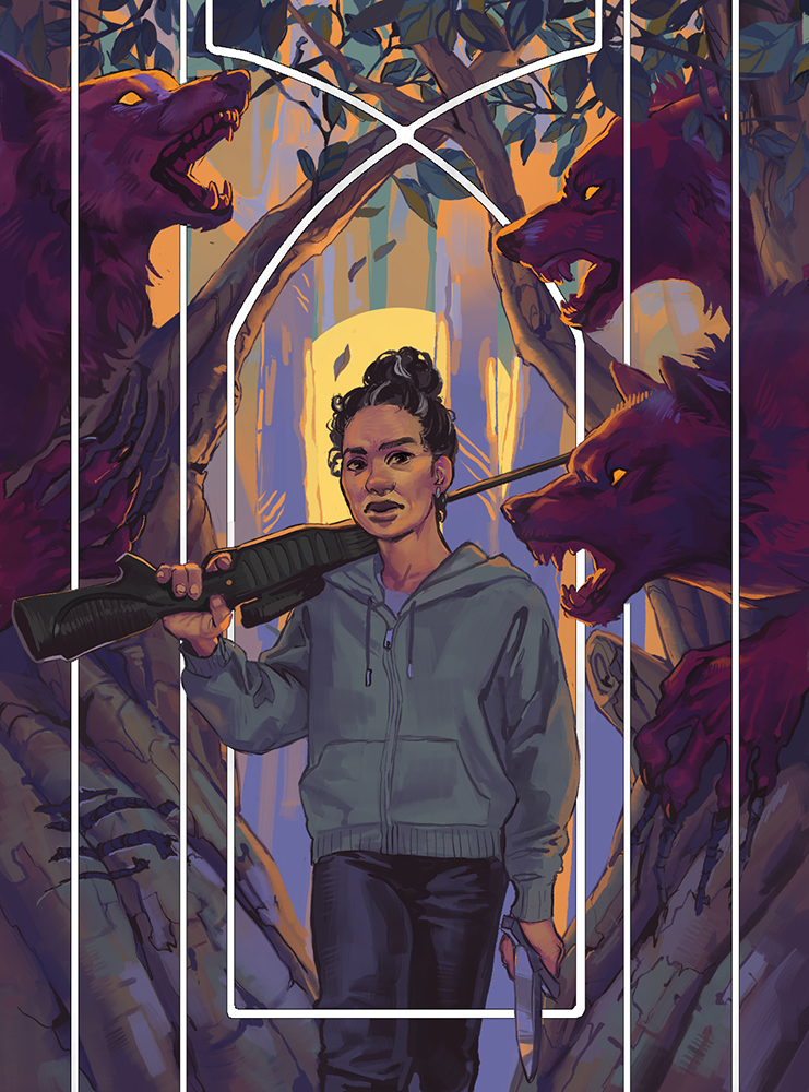 An older woman, wearing a hoodie and jeans, her dark hear with gray streaks pulled up in a bun, carries a blade in one hand and a rifle over her shoulder. Angry wolves fill the shadows of the woods behind her.